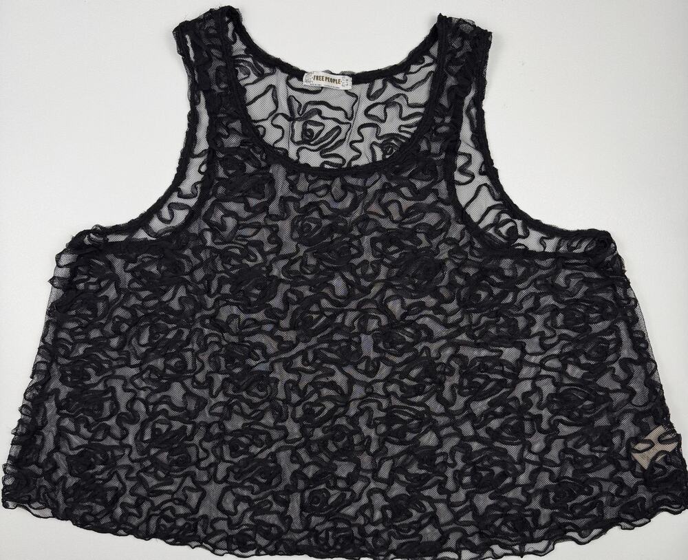 Free People Black Mesh Rosette Floral Crop Tank Top Womens Size L Sheer Boho